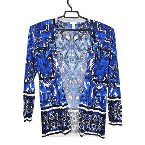 Womens Chicos Blue & Black Open Front Cardigan Sweater Rayon 3/4 Sleeve Size 1